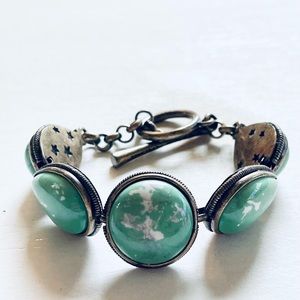 Lucky Brand Pave Faux Turquoise Cabochon Bracelet Antique Silver Tone Western